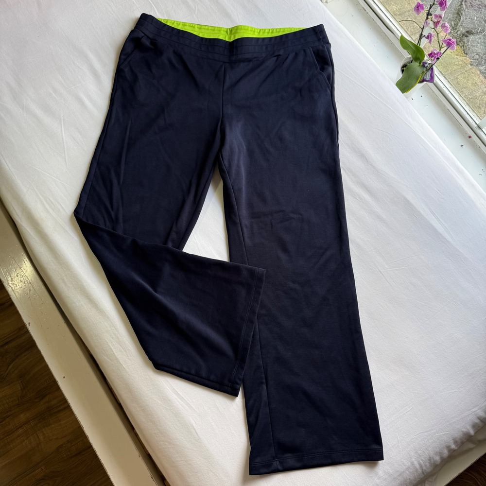 Lauren Ralph Lauren Active Navy Blue Wide Leg Yoga Sweatpants XL Lime Trim